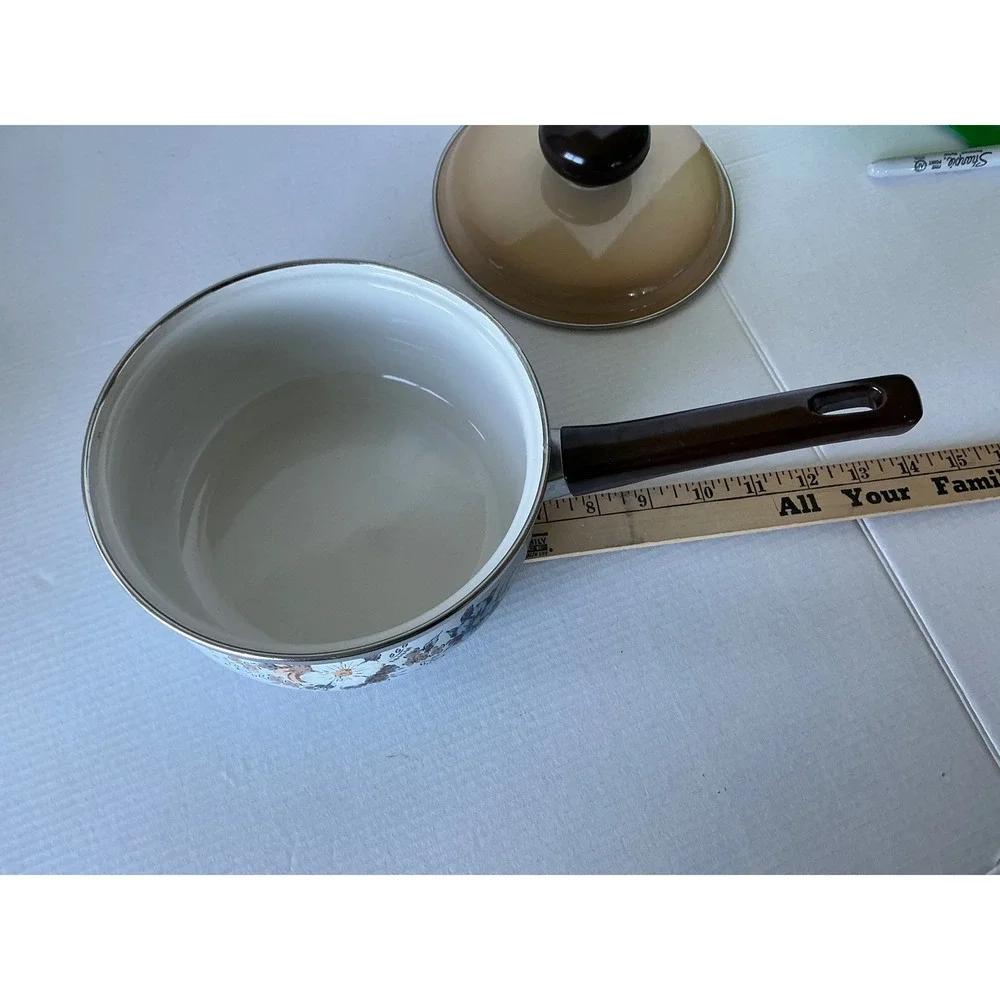 Vintage Enamelware Saucepan Floral‎ Pot with Lid Blue Brown White 1.5qt